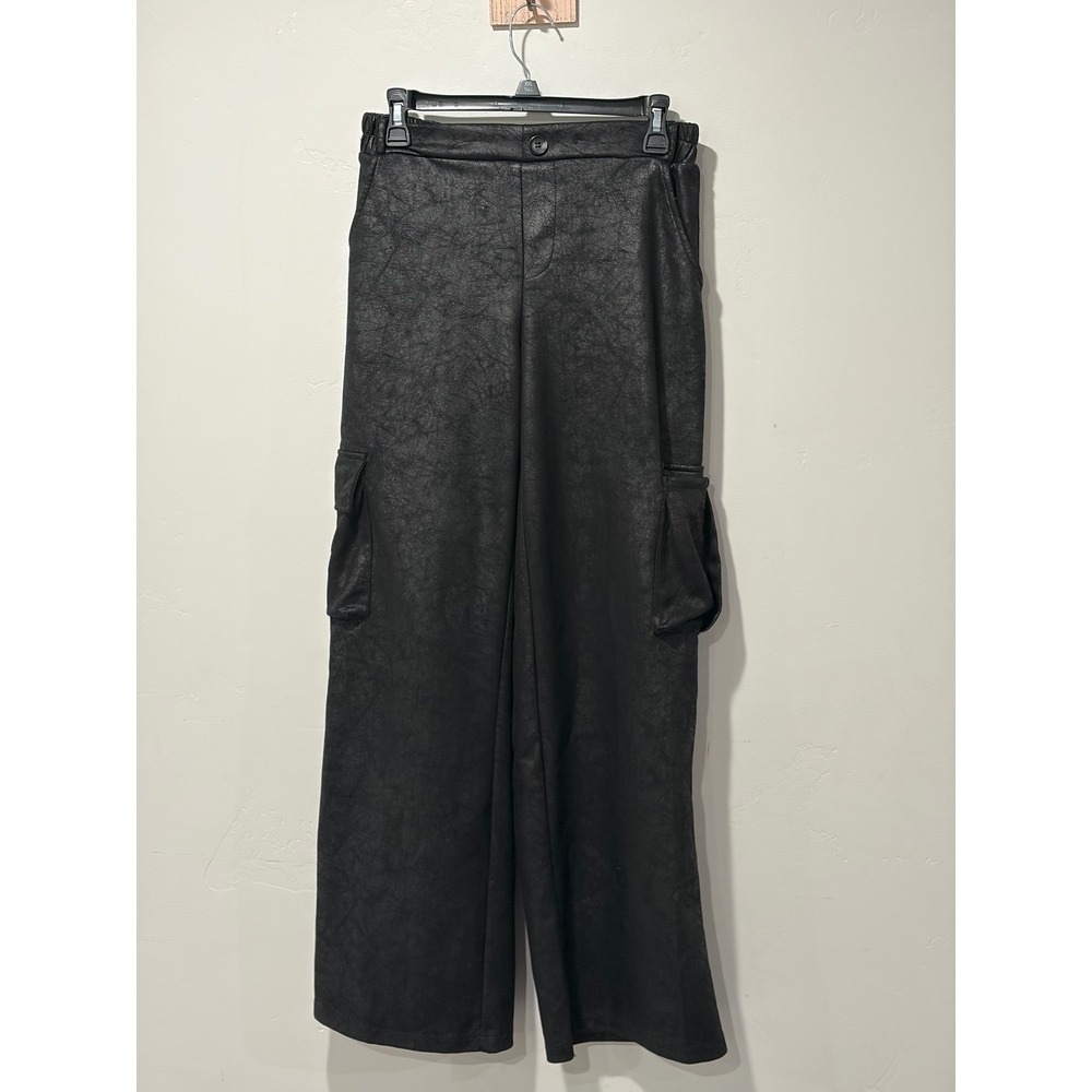 Willow + Root Black Faux Leather Wide Leg Cargo Pants Size Medium High Rise